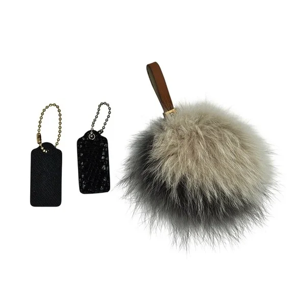 3pc COACH Bag Charm Lot - Auth Black Leather Hangtags & Large Fluffy Pom Pom - Picture 2 of 5